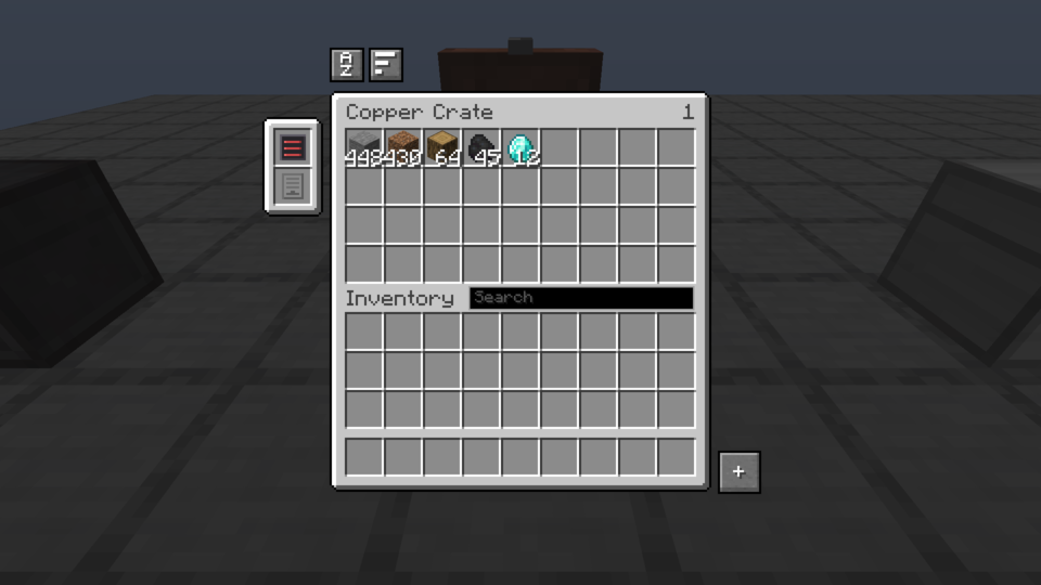 L'écran d'un coffre de cuivre avec un petit bouton posé par un addon en bas à droite, au-delà du bord du panneau.