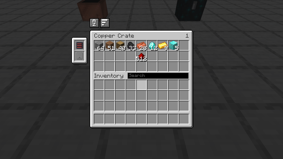 A copper crate screen, the 512 module on the tab, one slot carrying 512 redstone dust.
