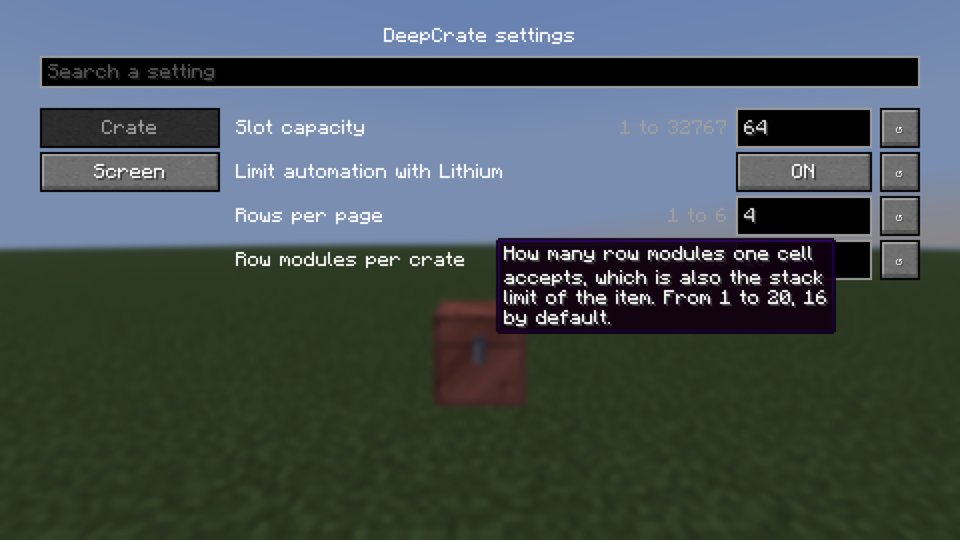 L'écran des réglages de DeepCrate : recherche en haut, catégories Crate et Screen à gauche, cinq options à droite avec leur plage et un bouton de remise à zéro.