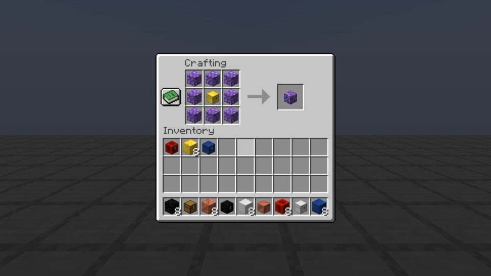Crafting grid with a gold crate at the center, eight amethyst blocks in the surrounding slots, and an amethyst crate in the output slot.