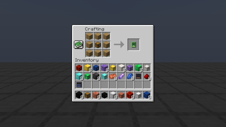 A crafting grid with a chest at the center and oak planks filling the eight cells around it, next to a row module in the result slot.