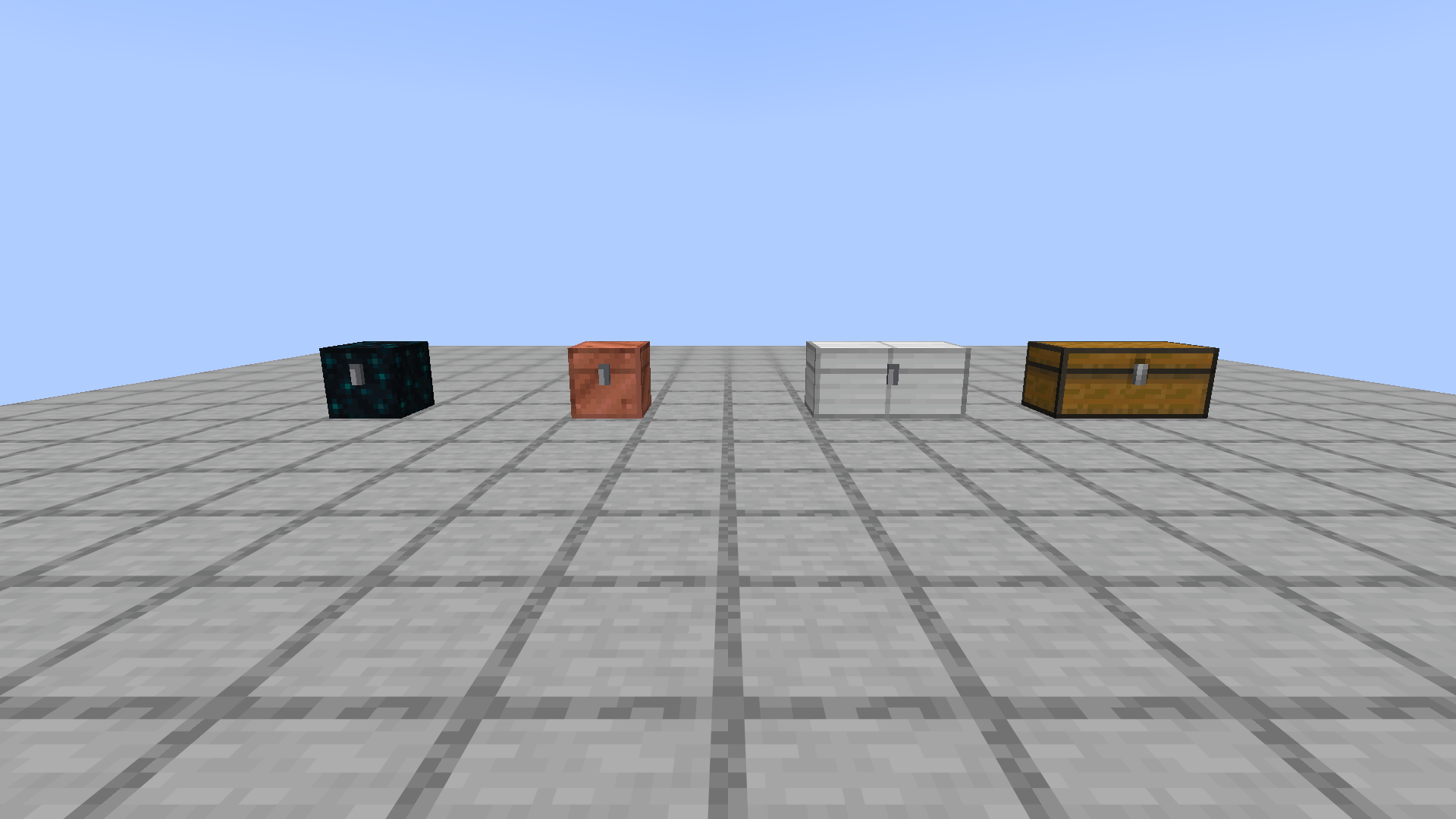 An echo crate, a copper crate, a double iron crate and a vanilla chest standing on a stone platform.