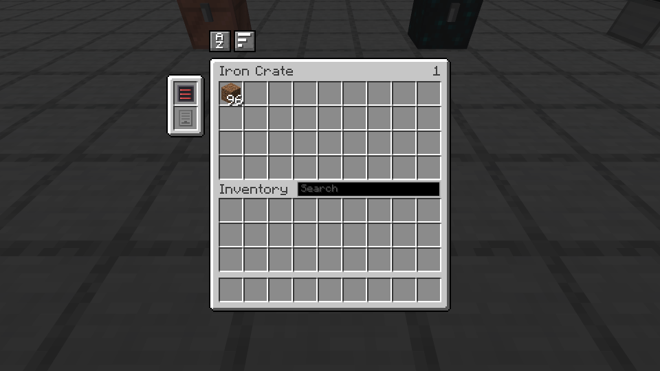 An iron crate screen whose first slot carries 96 dirt blocks, the 512 module on the tab.