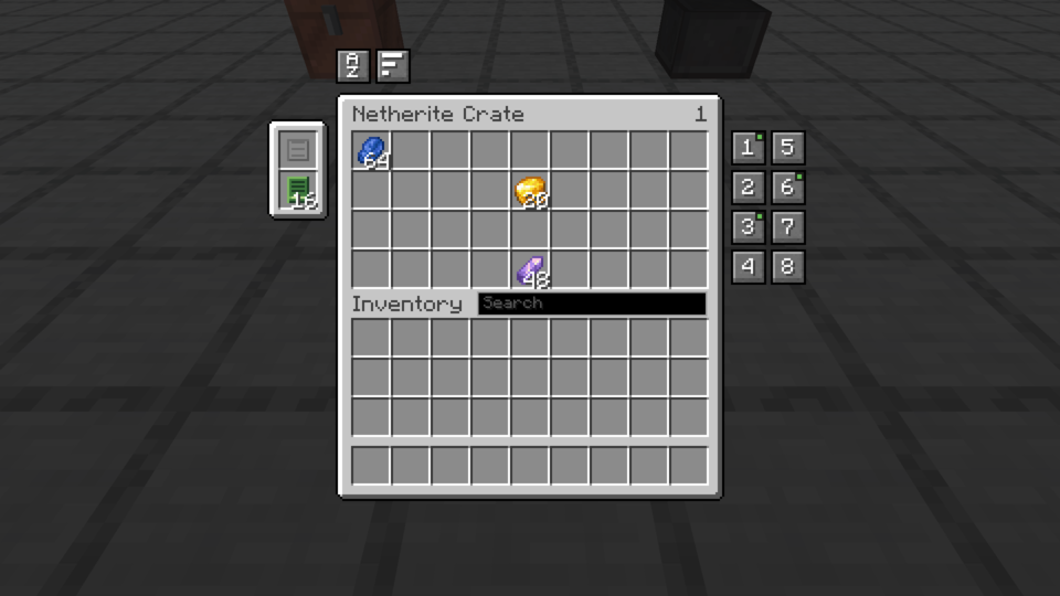 A twenty-nine row netherite crate, eight page numbers stacked in two columns down the right edge.