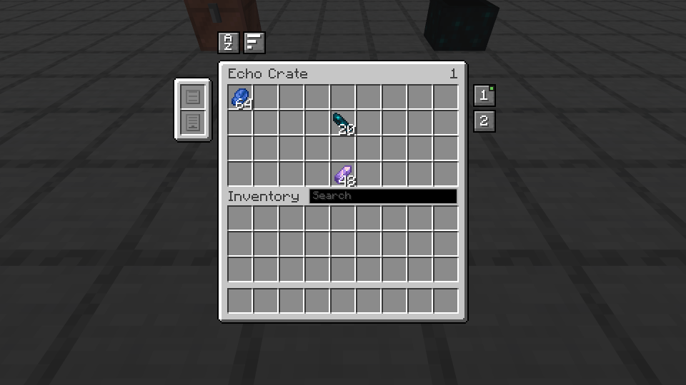 An eight-row echo crate cut into two pages, the numbers 1 and 2 down the right edge of the screen.