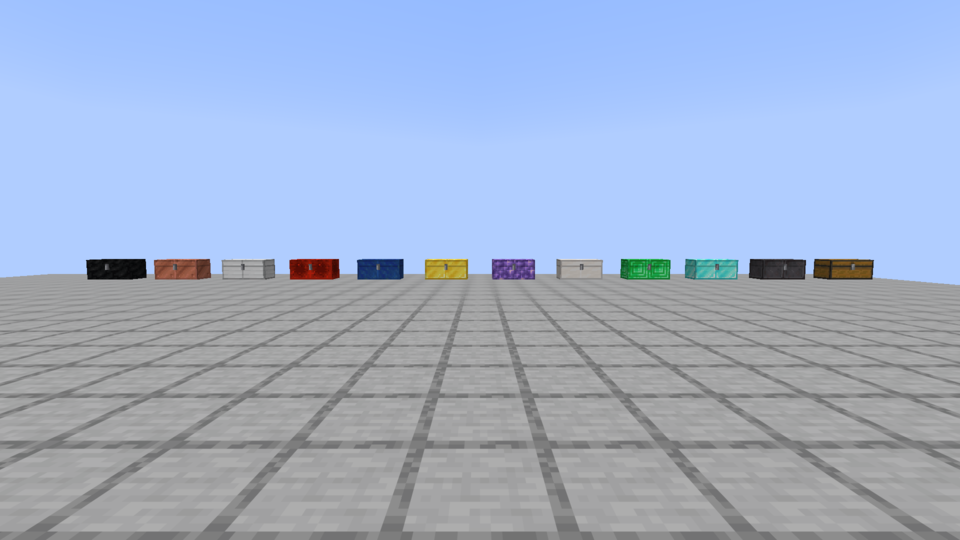 Eleven double crates lined up on a platform, one per tier, from coal to netherite.