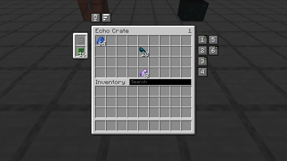 An echo crate whose tab carries sixteen row modules, with six page numbers down the right edge of the screen.