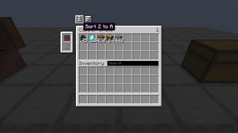 A copper crate sorted by name, the button tooltip reading Sort Z to A.