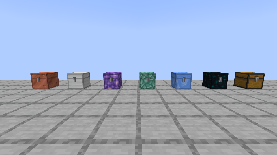 The six crates lined up on a platform, copper through echo, with a vanilla chest at the end of the row.